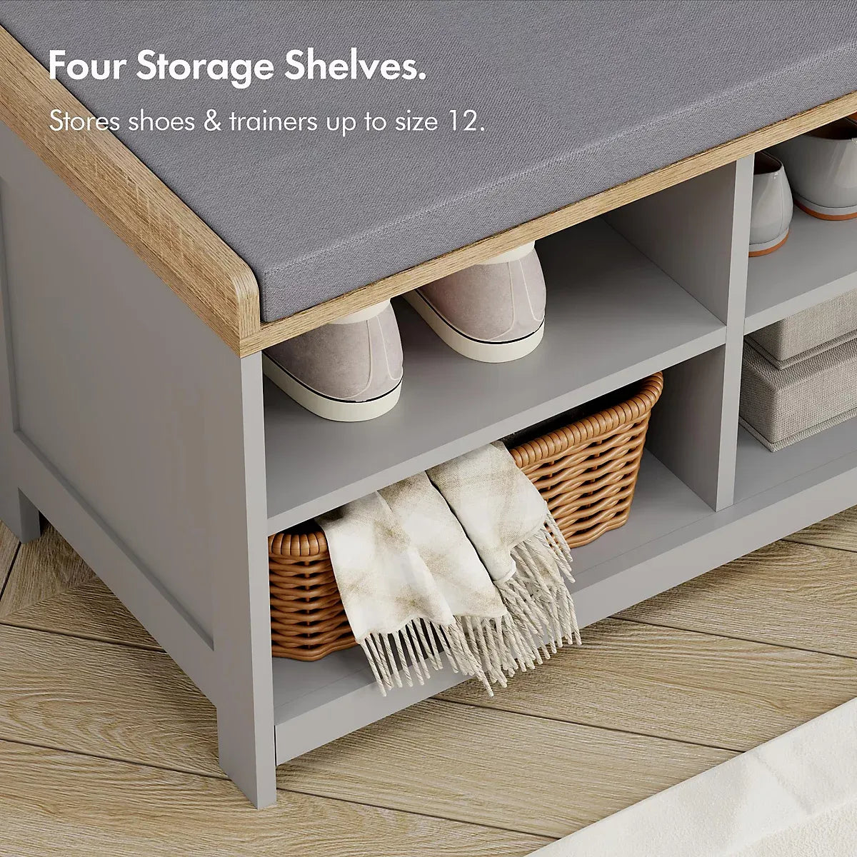 VonHaus Shoe Storage Bench With Padded Seat Grey Entryway-Furniture Kingdom